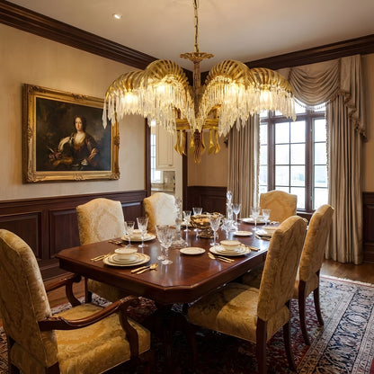 Brass Palm Leaf Crystal Chandelier