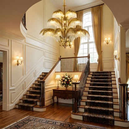 Brass Palm Leaf Crystal Chandelier